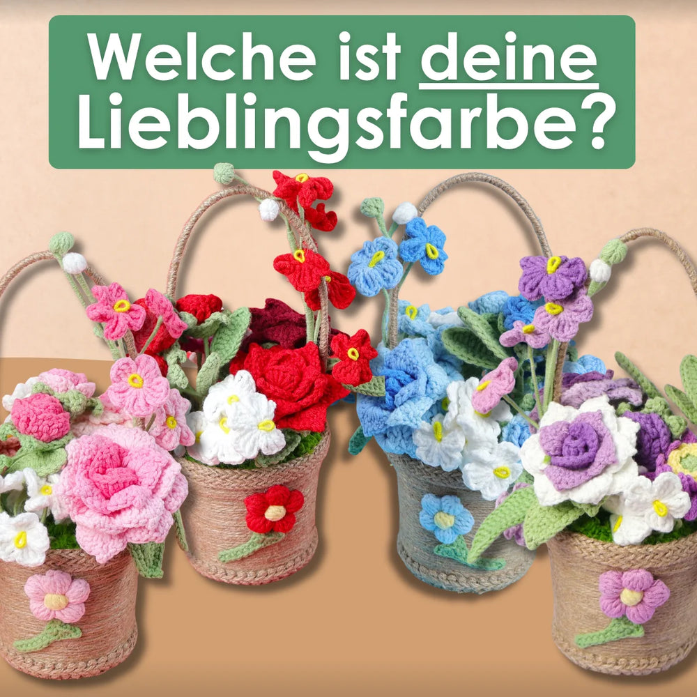 Gehäkelter Blumenkorb in verschiedenen Farben