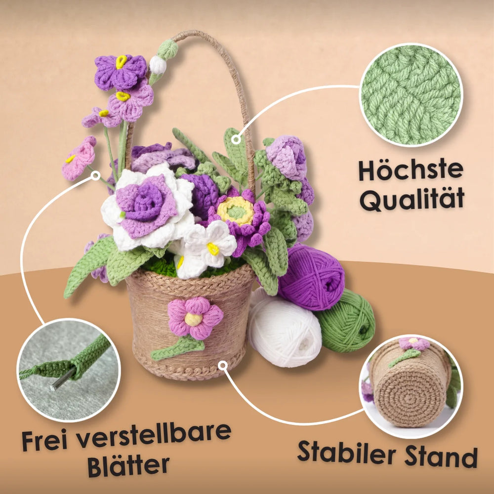 Blumenkorb mit gehäkelten Blumen zum verschenken