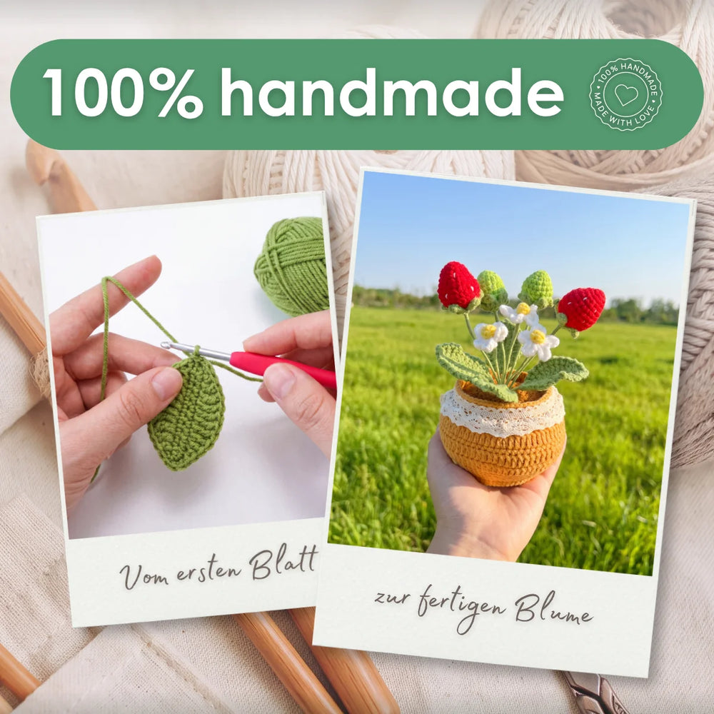 Detailaufnahme der gehäkelten Erdbeeren und grünen Blätter