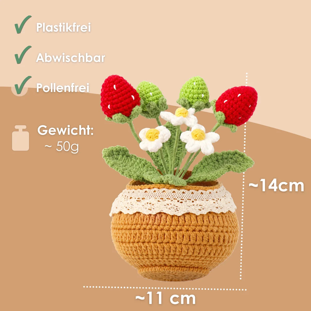 Maße der gehäkelten Erdbeeren im gehäkelten Topf