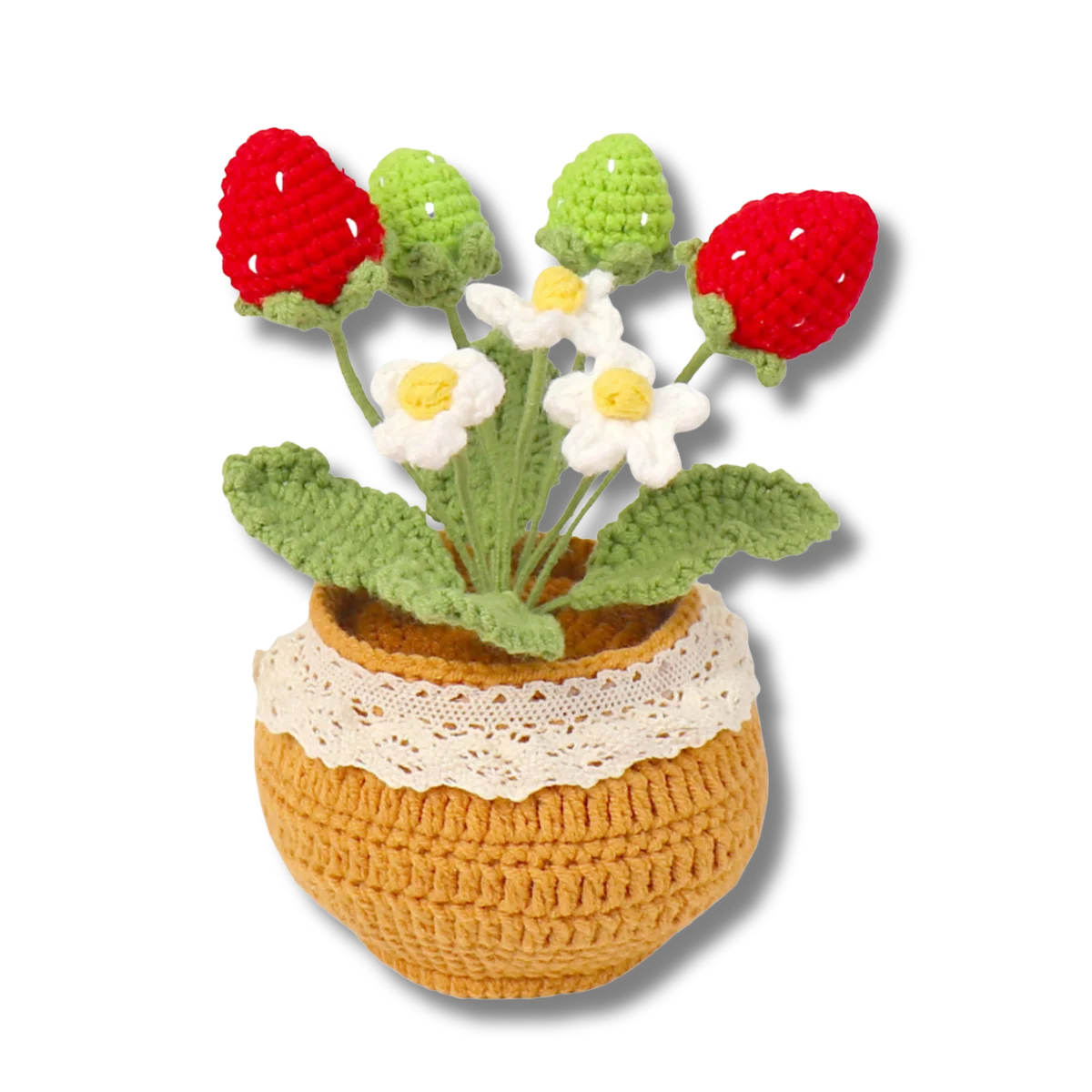 Gehäkelte Erdbeeren im gehäkelten Topf