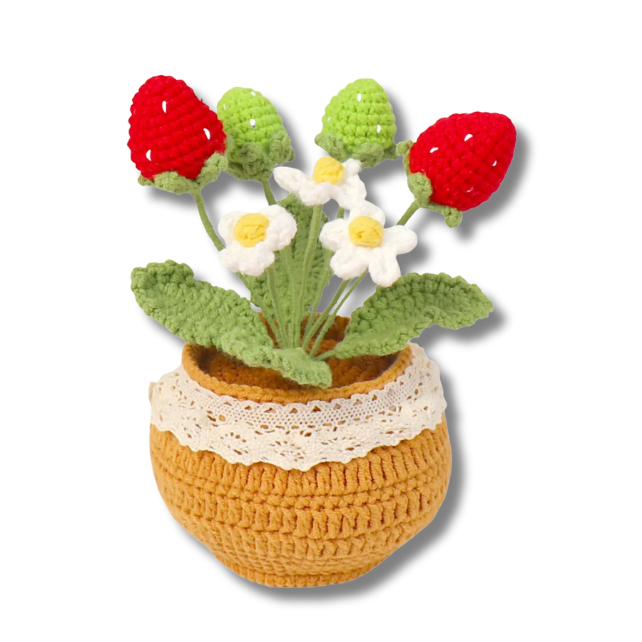 Gehäkelte Erdbeeren im gehäkelten Topf