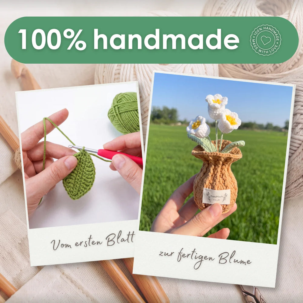 Handgemachtes gehäkeltes Maiglöckchen mit filigranen Blüten und grünen Blättern