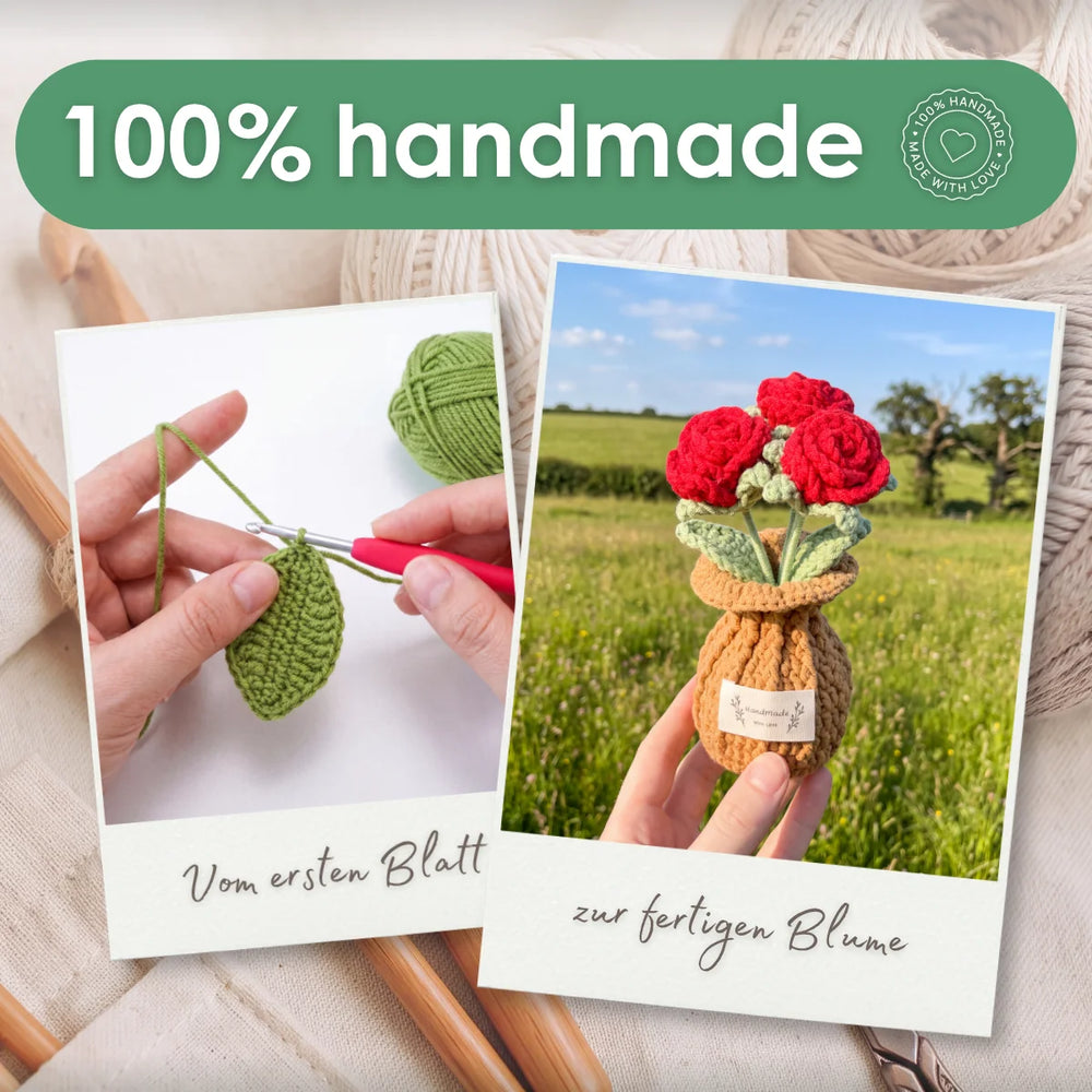 Handarbeit bei der Herstellung der gehäkelten Rosen mit einzelnen Arbeitsschritten