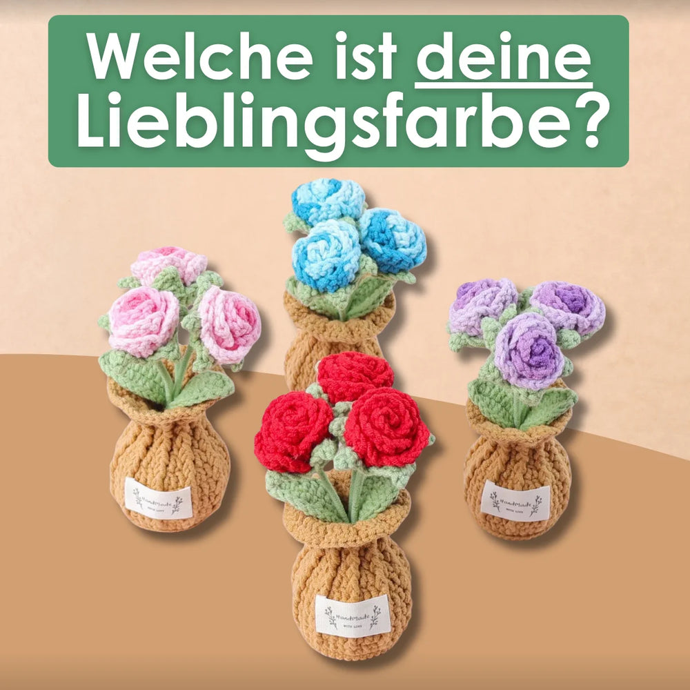 Gehäkelte Rosen in Rot, Rosa, Lila und Hellblau