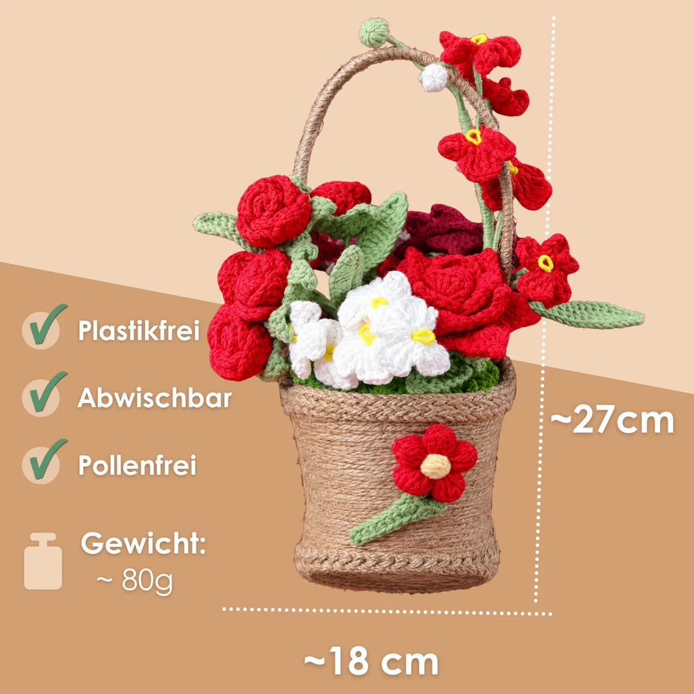 Maße des Geschenkkorbs mit gehäkelten Blumen