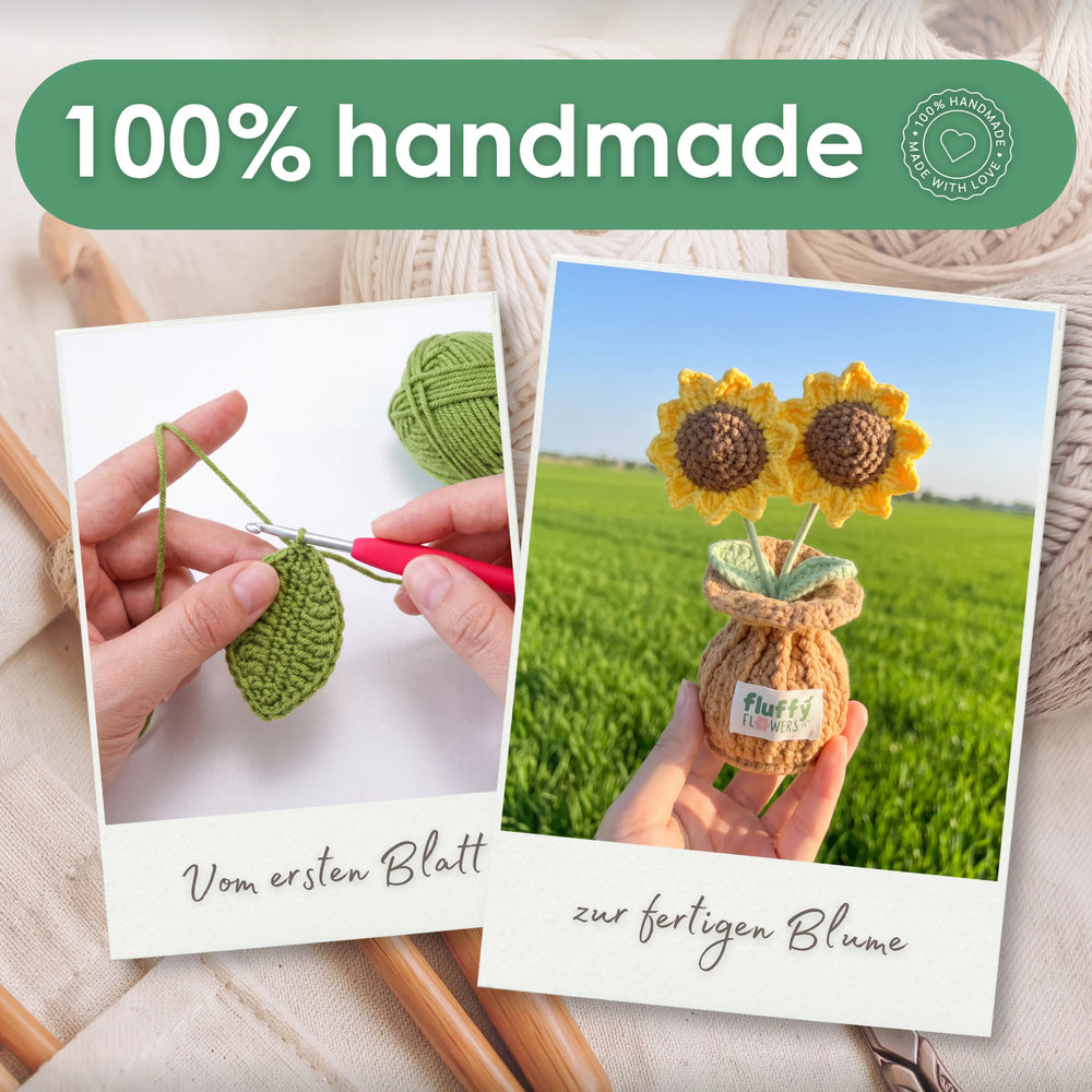 Einzelne Handarbeitsschritte bei der Herstellung eines gehäkelten Sonnenblümchens